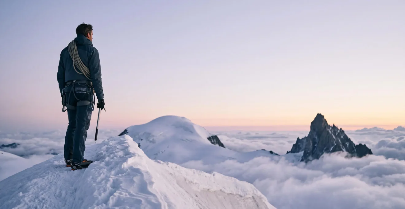 Bergsteiger steht im Morgenlicht auf einem Gletscherfirn und blickt auf zwei unterschiedlich geformte Alpengipfel als Sinnbild für die Wahl des ersten Viertausenders