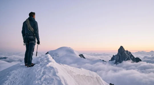 Bergsteiger steht im Morgenlicht auf einem Gletscherfirn und blickt auf zwei unterschiedlich geformte Alpengipfel als Sinnbild für die Wahl des ersten Viertausenders