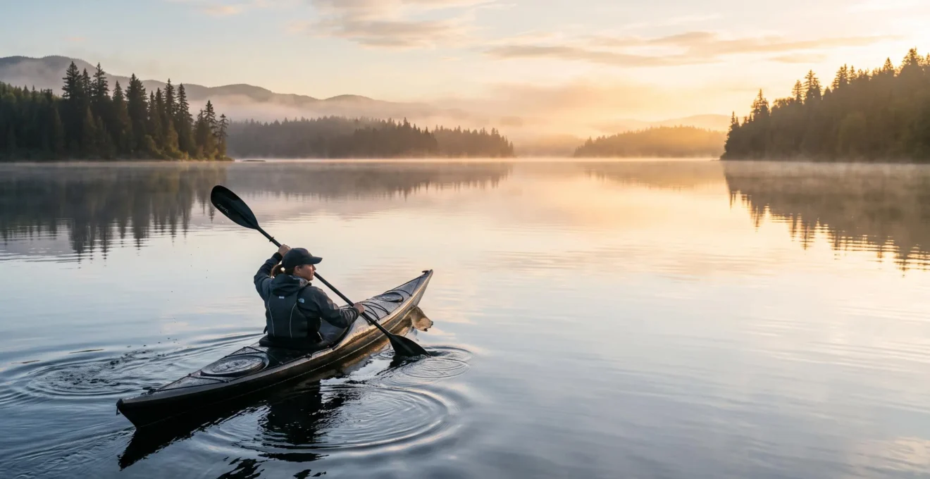 Paddler gleitet mit ruhiger, kraftvoller Technik über einen spiegelglatten See bei goldenem Licht