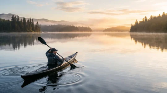 Paddler gleitet mit ruhiger, kraftvoller Technik über einen spiegelglatten See bei goldenem Licht