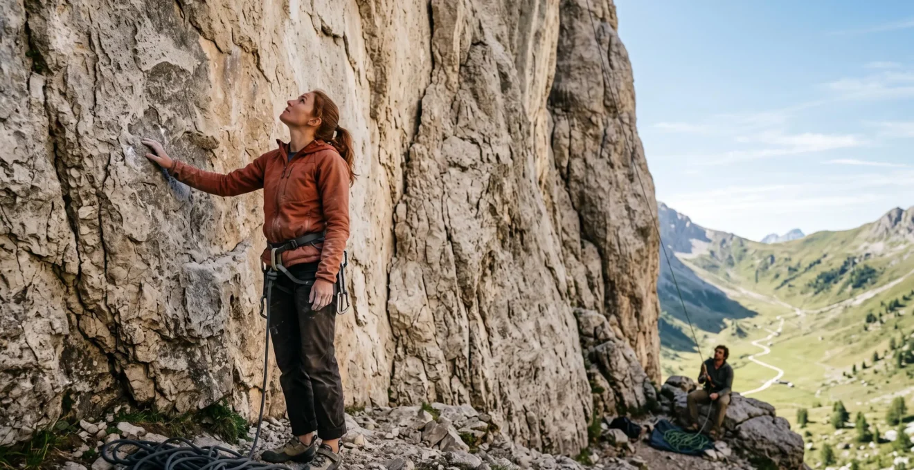Kletterin ohne Vorerfahrung steht konzentriert vor einer echten Felswand und bereitet sich auf ihren ersten Zug vor