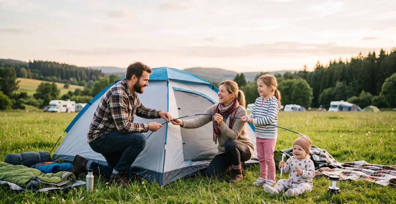 Familie baut gemeinsam ein Zelt auf einem geräumigen Campingplatz während ihrer ersten Campingreise mit Kindern auf