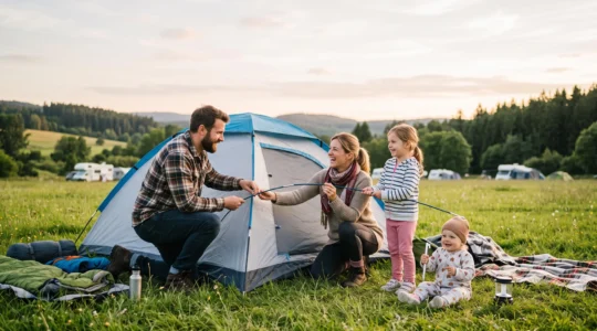 Familie baut gemeinsam ein Zelt auf einem geräumigen Campingplatz während ihrer ersten Campingreise mit Kindern auf