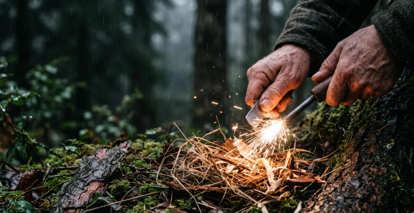 Nahaufnahme einer Hand, die mit einem Feuerstahl Funken in ein trockenes Zundernest lenkt, während im Hintergrund Regen fällt.