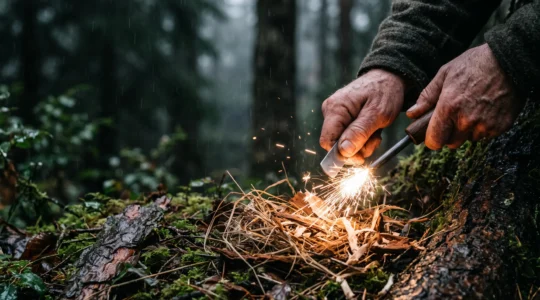 Nahaufnahme einer Hand, die mit einem Feuerstahl Funken in ein trockenes Zundernest lenkt, während im Hintergrund Regen fällt.