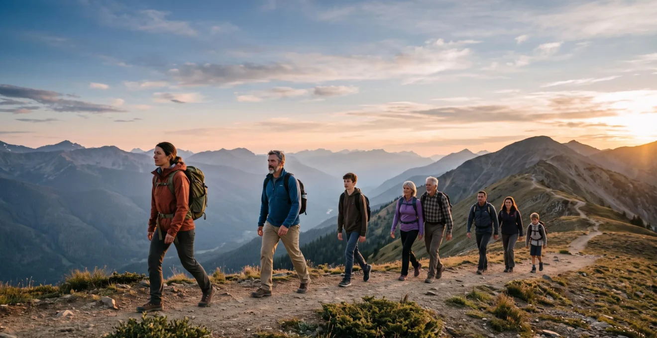 Gemischte Wandergruppe aus Kindern, Erwachsenen und Senioren geht gemeinsam einen Bergpfad entlang
