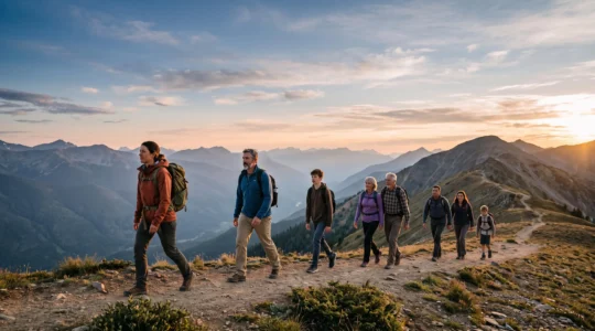 Gemischte Wandergruppe aus Kindern, Erwachsenen und Senioren geht gemeinsam einen Bergpfad entlang