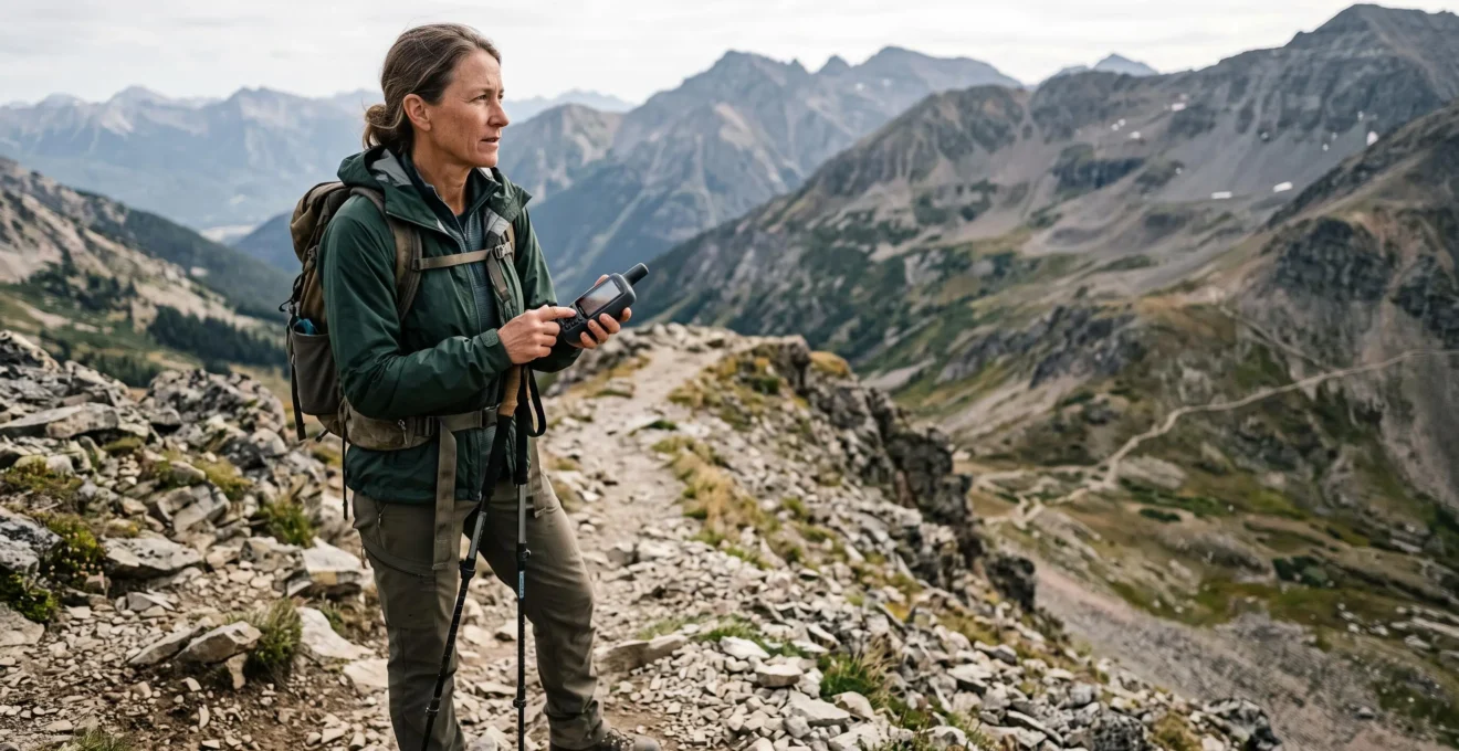Wanderer nutzt ein robustes GPS-Handgerät zur Navigation einer komplexen Route mit zahlreichen Wegpunkten im Gebirge