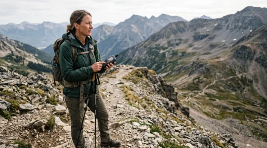 Wanderer nutzt ein robustes GPS-Handgerät zur Navigation einer komplexen Route mit zahlreichen Wegpunkten im Gebirge