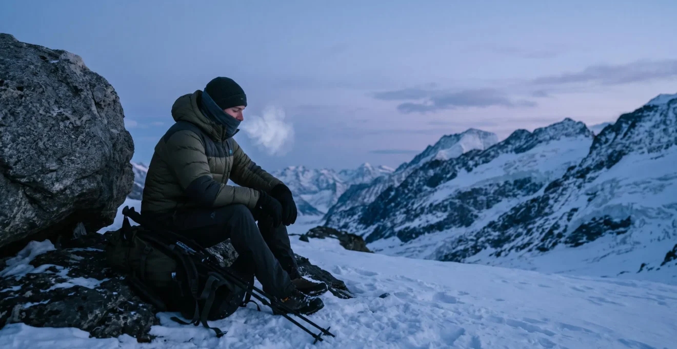 Person in warmer Outdoor-Kleidung sitzt bei Dämmerung geschützt in einer verschneiten Berglandschaft ohne künstliche Heizquelle