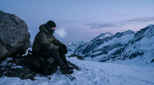Person in warmer Outdoor-Kleidung sitzt bei Dämmerung geschützt in einer verschneiten Berglandschaft ohne künstliche Heizquelle