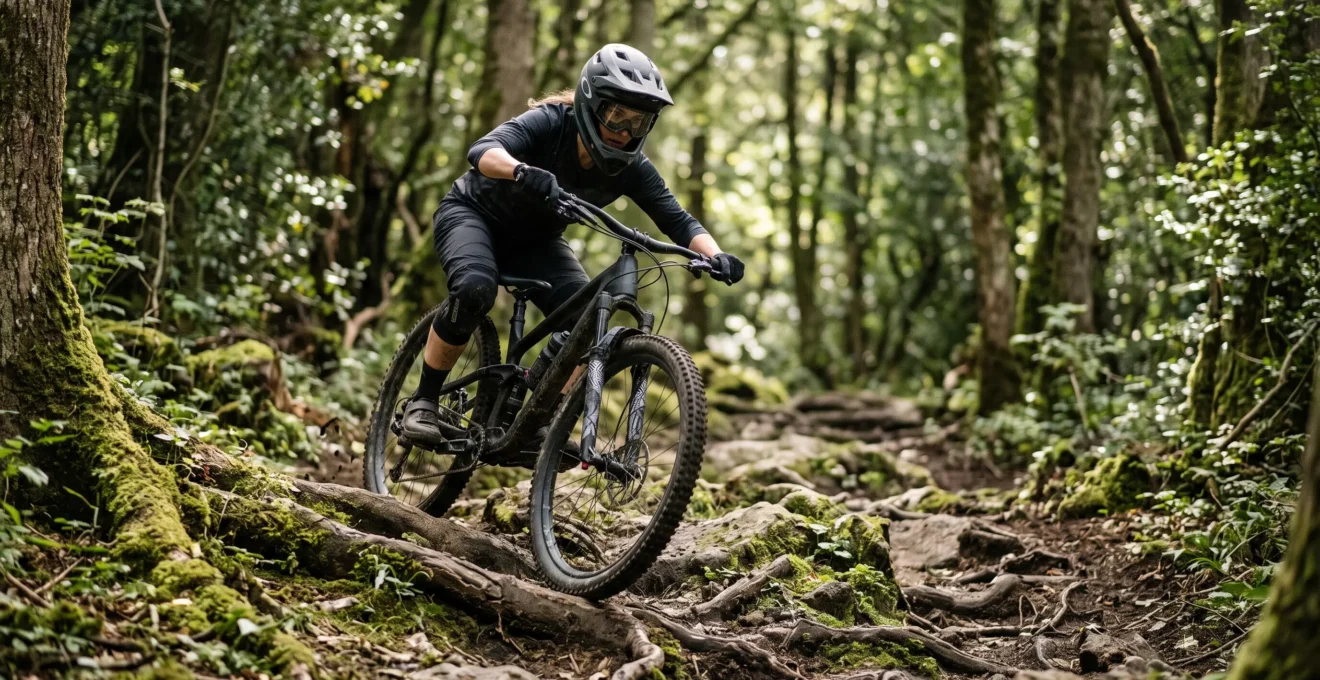 Mountainbiker fährt konzentriert und mit tiefer Körperposition über eine anspruchsvolle Wurzel- und Steinpassage im Wald