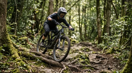 Mountainbiker fährt konzentriert und mit tiefer Körperposition über eine anspruchsvolle Wurzel- und Steinpassage im Wald