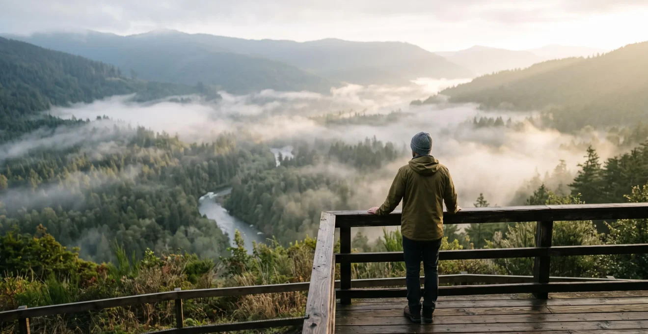 Wanderer steht am Rand eines Aussichtspunkts und blickt auf eine unberührte, nebelverhangene Waldlandschaft