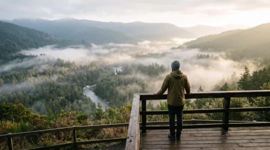 Wanderer steht am Rand eines Aussichtspunkts und blickt auf eine unberührte, nebelverhangene Waldlandschaft