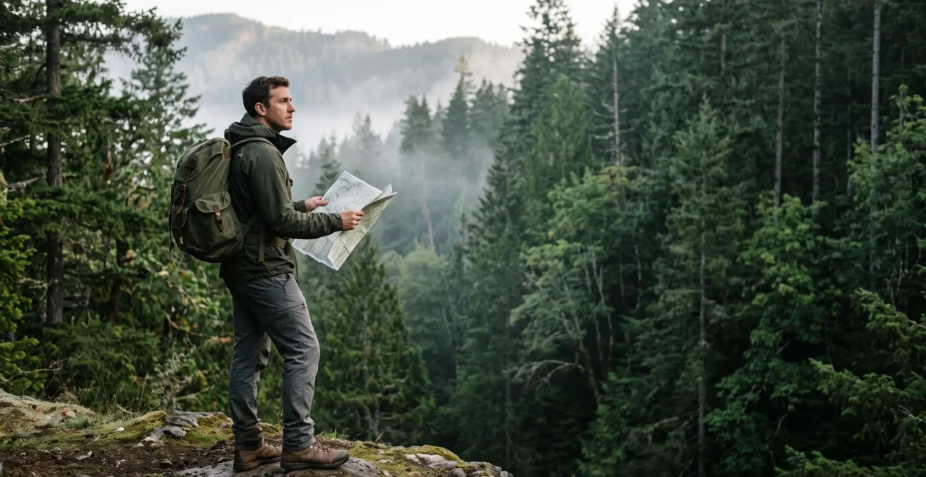 Wanderer orientiert sich mit einer ausgebreiteten Papierkarte und Kompass in dichtem, unmarkiertem Wald im warmen Morgenlicht