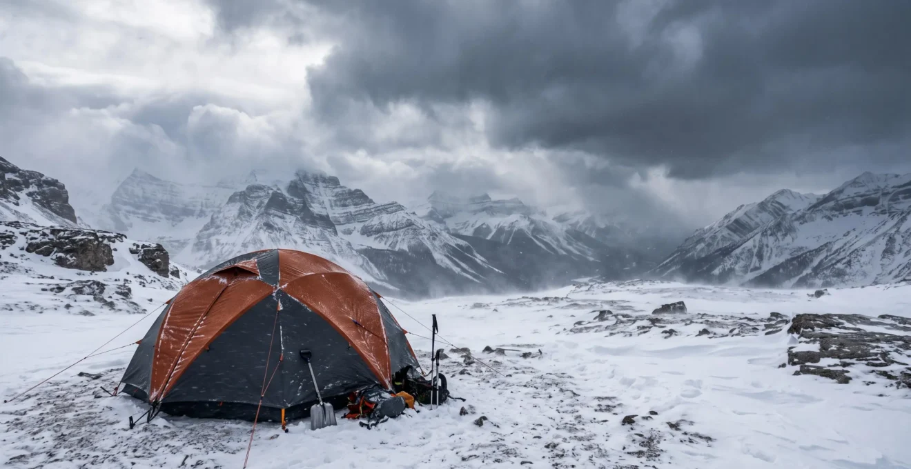 Ein hochwertiges Expeditionszelt trotzt Wind, Regen und Schnee in unberührter Wildnis
