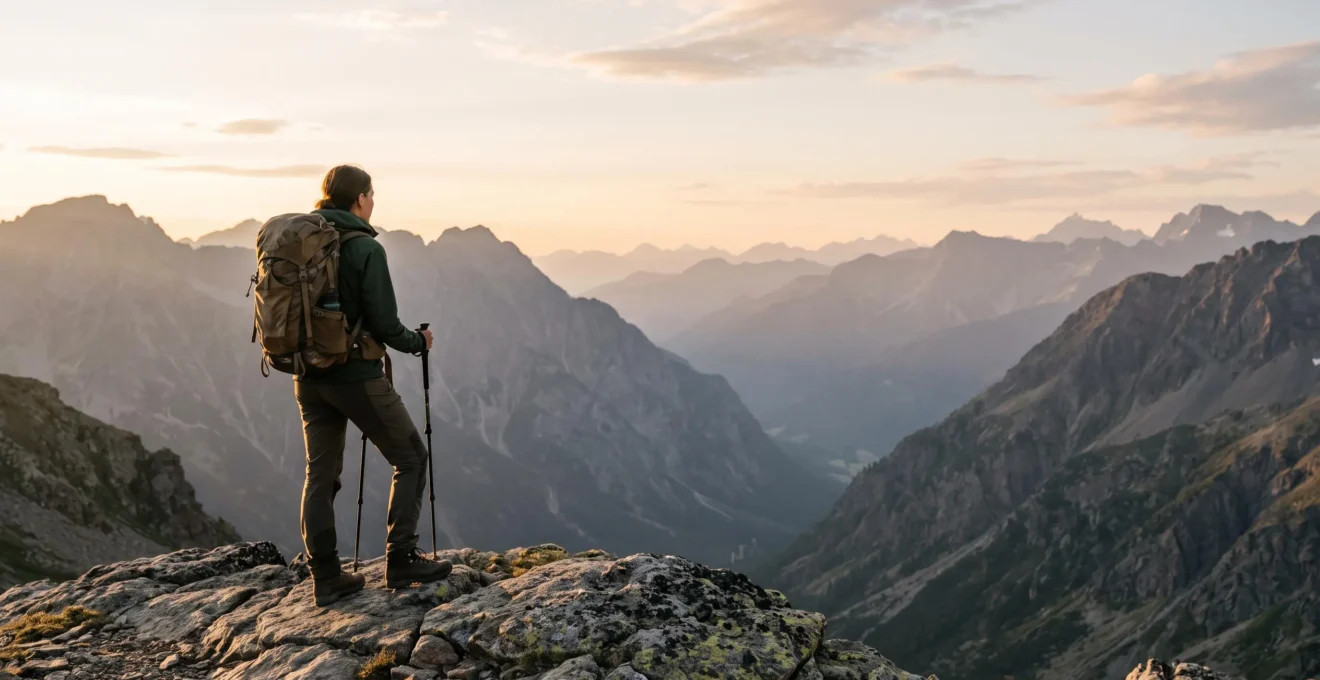 Wanderer genießt bei goldenem Morgenlicht den weiten Ausblick auf ein Bergpanorama während einer gut geplanten Tageswanderung