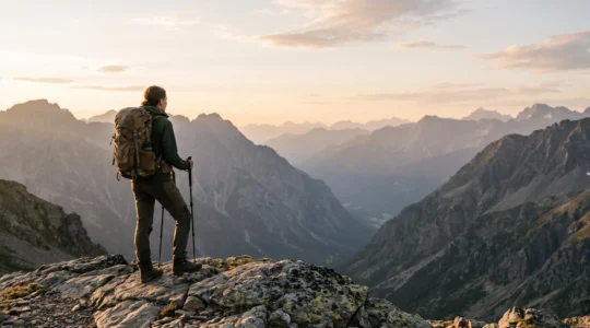 Wanderer genießt bei goldenem Morgenlicht den weiten Ausblick auf ein Bergpanorama während einer gut geplanten Tageswanderung