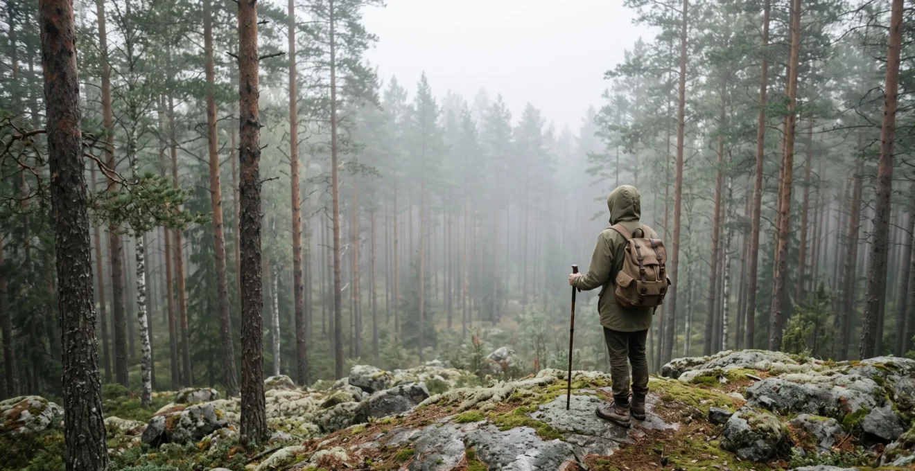 Einsame Wanderfigur mit Rucksack steht an der Kompassrose eines endlosen skandinavischen Nadelwaldes im Morgennebel
