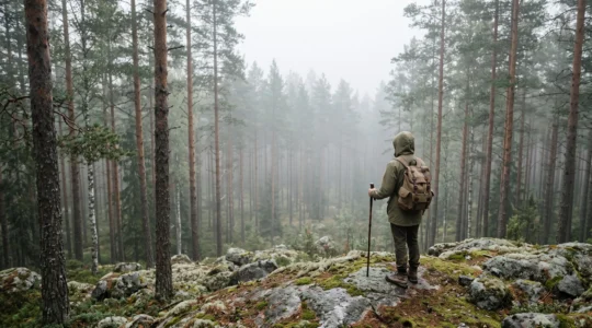 Einsame Wanderfigur mit Rucksack steht an der Kompassrose eines endlosen skandinavischen Nadelwaldes im Morgennebel
