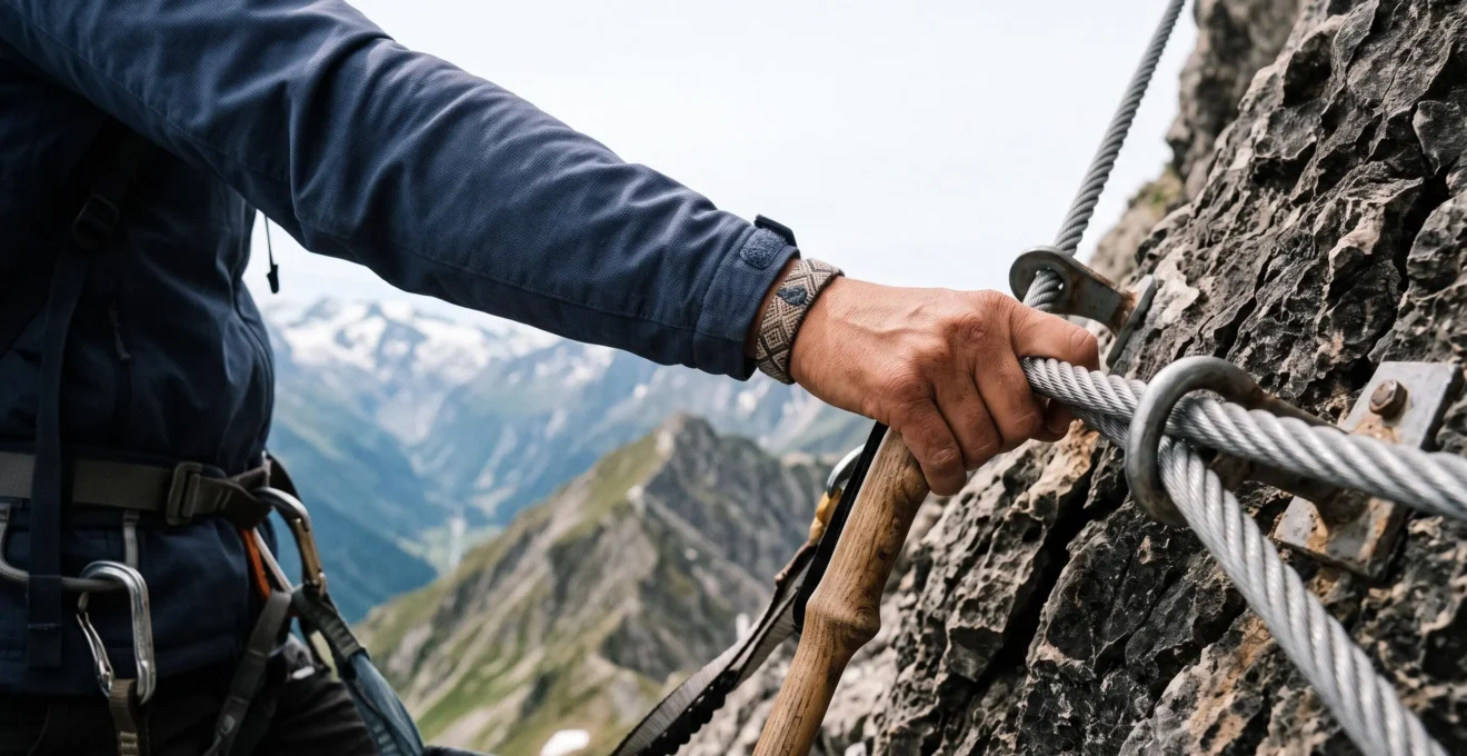 Wanderer greift von einem Wanderstock zu einem gesicherten Stahlseil am Übergang zu einem Klettersteig in den Alpen