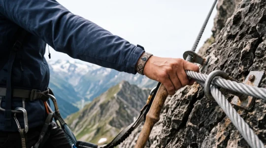 Wanderer greift von einem Wanderstock zu einem gesicherten Stahlseil am Übergang zu einem Klettersteig in den Alpen