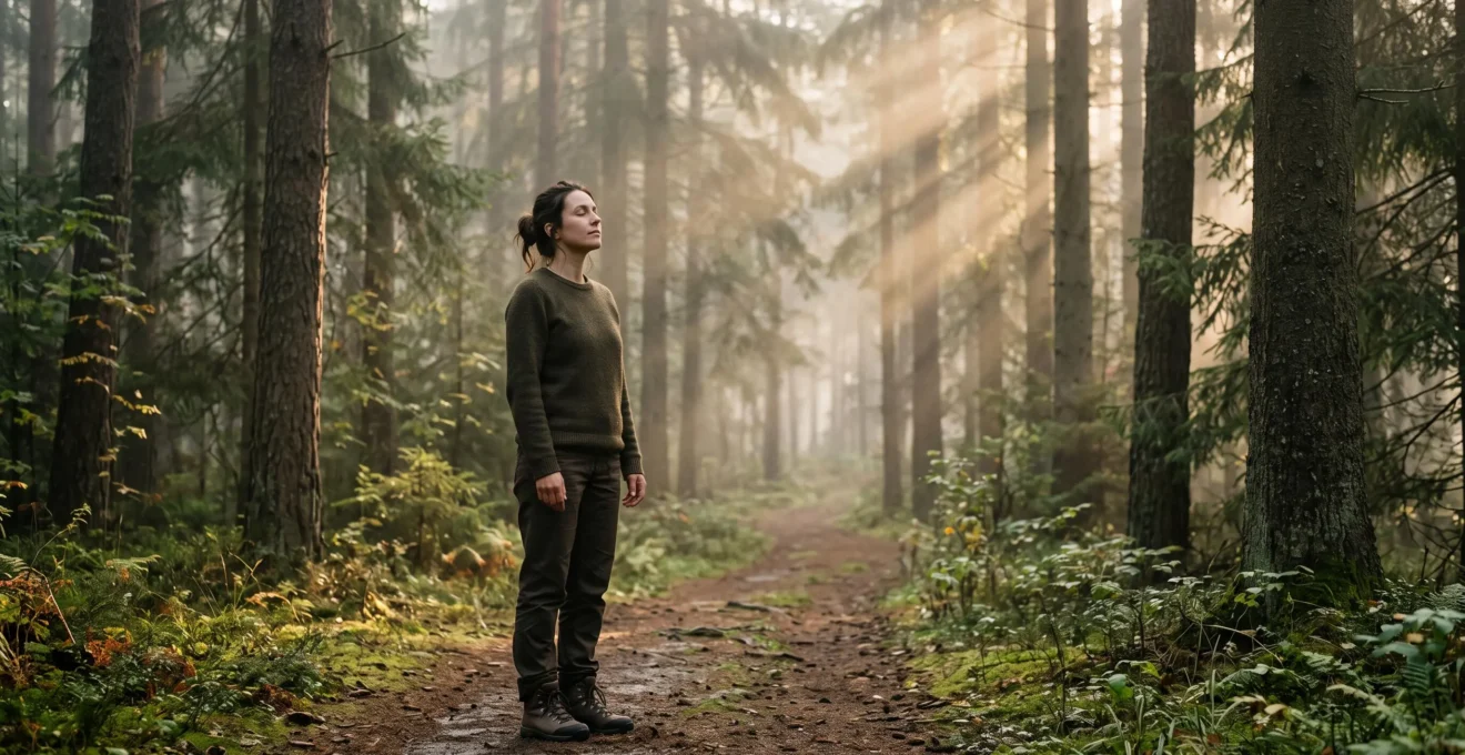 Eine einzelne Person steht achtsam auf einem Waldpfad im weichen Morgenlicht und atmet tief durch, umgeben von hohen Baeumen und leichtem Nebel.