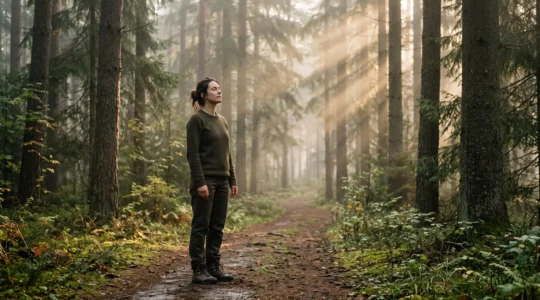 Eine einzelne Person steht achtsam auf einem Waldpfad im weichen Morgenlicht und atmet tief durch, umgeben von hohen Baeumen und leichtem Nebel.