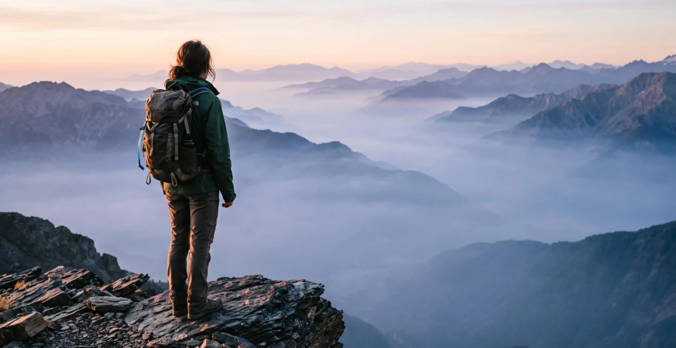 Ein Wanderer mit Trekkingrucksack steht am Rand eines Aussichtspunkts und blickt bei Sonnenaufgang über ein weites, nebelverhangenes Bergtal – Sinnbild für die körperliche und mentale Vorbereitung auf die erste Trekkingtour.