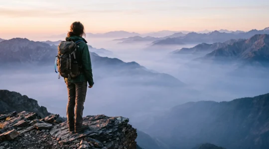 Ein Wanderer mit Trekkingrucksack steht am Rand eines Aussichtspunkts und blickt bei Sonnenaufgang über ein weites, nebelverhangenes Bergtal – Sinnbild für die körperliche und mentale Vorbereitung auf die erste Trekkingtour.