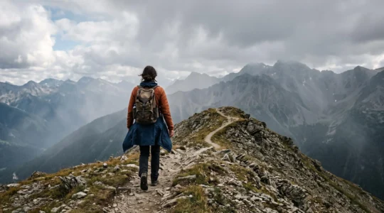Wanderer in funktionaler Mehrschicht-Kleidung auf einem Bergpfad zwischen Sonne und aufziehendem Nebel
