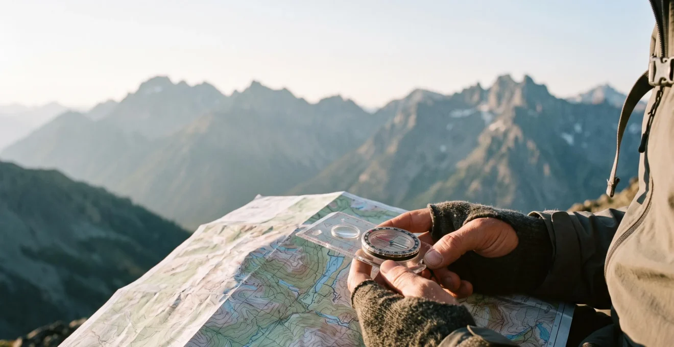 Wanderer orientiert sich mit Plattenkompass und Wanderkarte vor einem weiten Berggipfel-Panorama