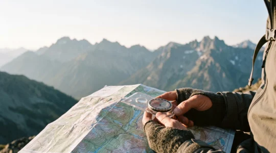 Wanderer orientiert sich mit Plattenkompass und Wanderkarte vor einem weiten Berggipfel-Panorama