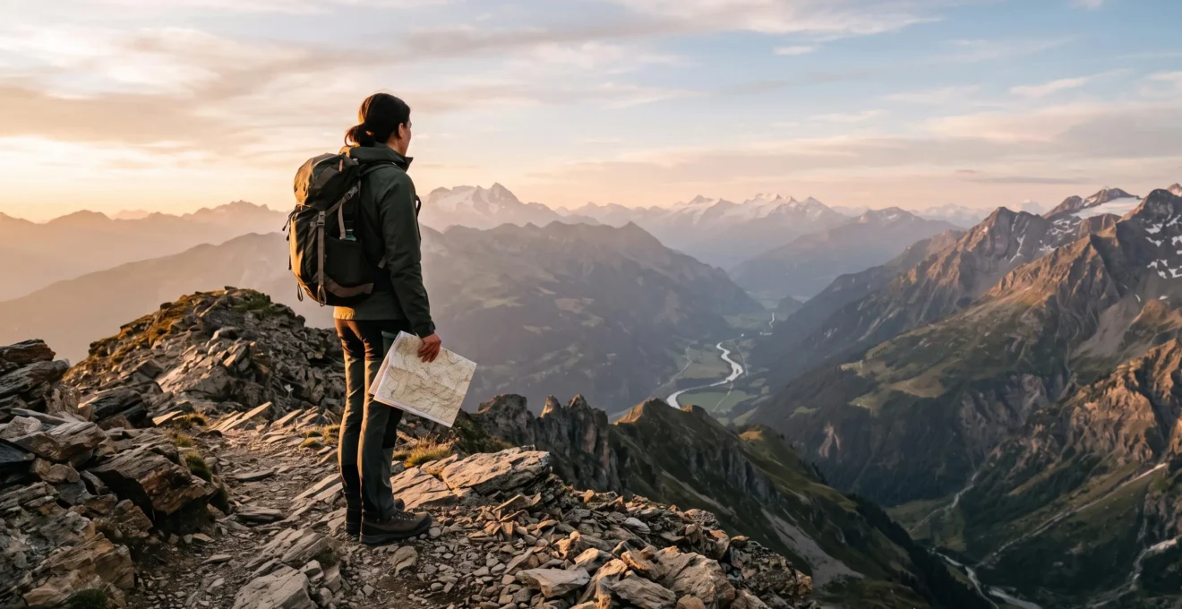 Wanderer steht auf einem Grat und vergleicht die Konturen einer Karte mit dem realen Gebirgstal vor sich