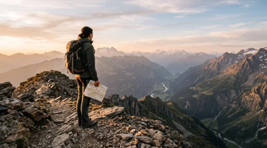Wanderer steht auf einem Grat und vergleicht die Konturen einer Karte mit dem realen Gebirgstal vor sich