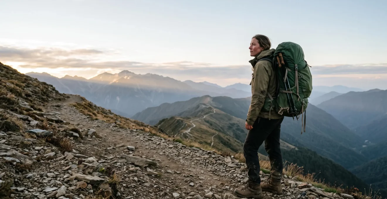Ein einsamer Wanderer mit Rucksack blickt entschlossen auf einen langen, sich über Berge erstreckenden Pfad – Symbol für Motivation und Ausdauer an mehreren aufeinanderfolgenden Wandertagen.