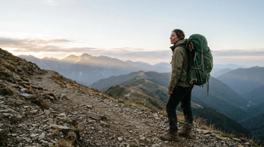 Ein einsamer Wanderer mit Rucksack blickt entschlossen auf einen langen, sich über Berge erstreckenden Pfad – Symbol für Motivation und Ausdauer an mehreren aufeinanderfolgenden Wandertagen.