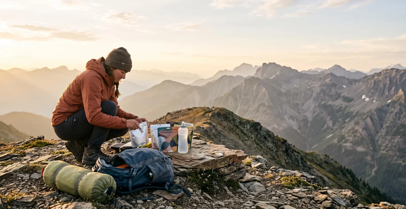 Wanderer sitzt bei Sonnenuntergang neben Zelt und sortiert Trockennahrung und Wasserflaschen für eine mehrtägige Trekkingtour ohne Einkaufsmöglichkeit