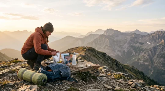 Wanderer sitzt bei Sonnenuntergang neben Zelt und sortiert Trockennahrung und Wasserflaschen für eine mehrtägige Trekkingtour ohne Einkaufsmöglichkeit