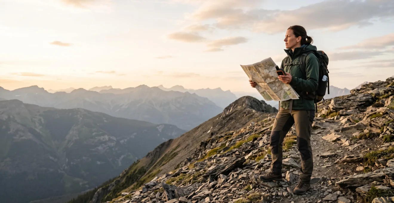 Wanderer vergleicht eine Papierkarte mit einem GPS-Gerät auf einem Bergrücken im Abendlicht