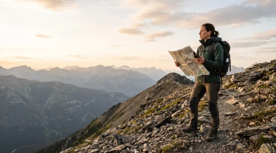 Wanderer vergleicht eine Papierkarte mit einem GPS-Gerät auf einem Bergrücken im Abendlicht
