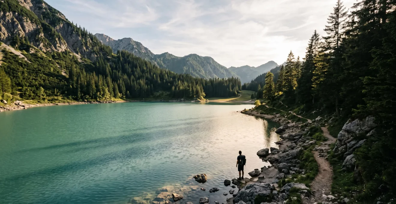 Wanderer entdecken einen türkisblauen Bergsee in den bayerischen Alpen als Bademöglichkeit während einer Wanderung
