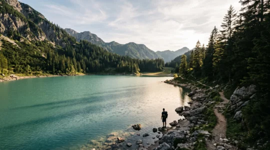Wanderer entdecken einen türkisblauen Bergsee in den bayerischen Alpen als Bademöglichkeit während einer Wanderung