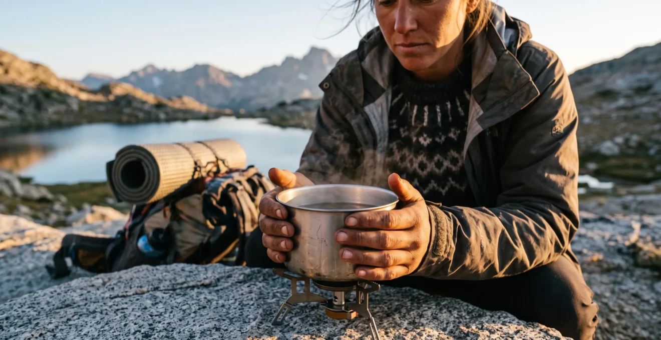 Wanderer bereitet an einem Bergsee bei Sonnenuntergang eine warme Mahlzeit auf einem kleinen Kocher zu