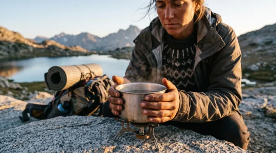 Wanderer bereitet an einem Bergsee bei Sonnenuntergang eine warme Mahlzeit auf einem kleinen Kocher zu