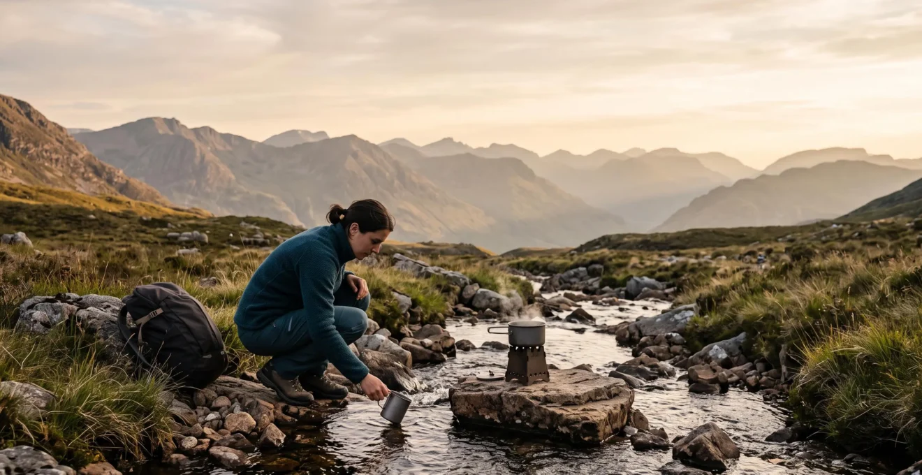 Wanderer bereitet an einem Gebirgsbach Wasser mit Hitze und Chemikalien auf, da kein Filter zur Verfügung steht