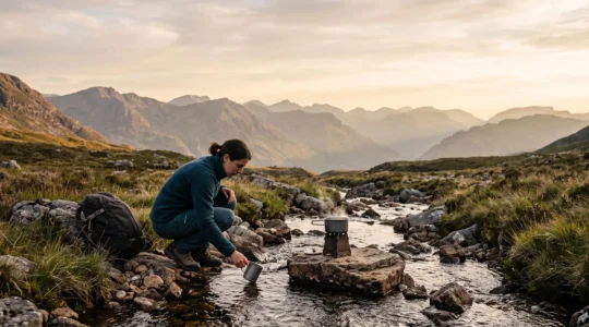 Wanderer bereitet an einem Gebirgsbach Wasser mit Hitze und Chemikalien auf, da kein Filter zur Verfügung steht