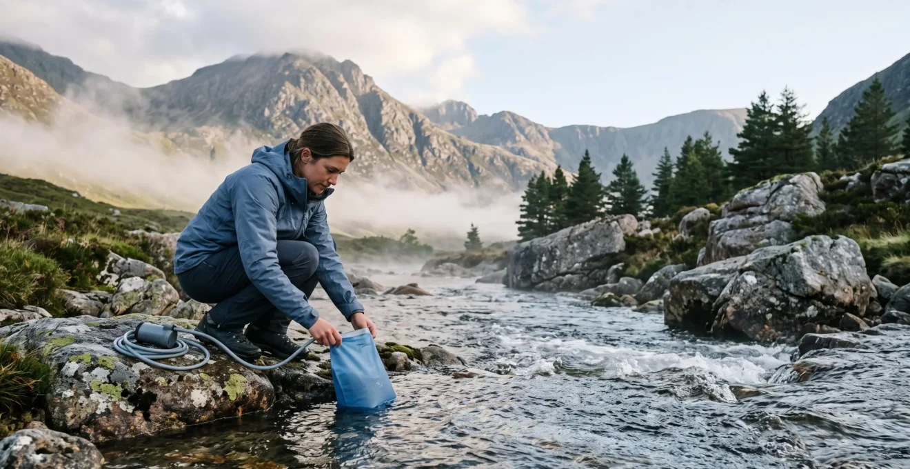 Wanderer filtert klares Wasser aus einem Gebirgsbach in unberührter Natur