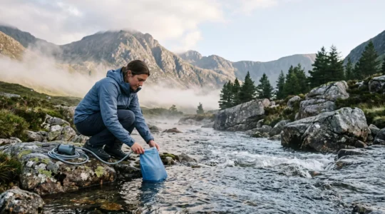 Wanderer filtert klares Wasser aus einem Gebirgsbach in unberührter Natur